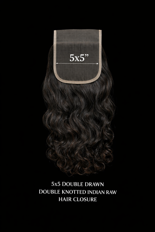 100% Indian temple double drawn double stitched and ventilated raw hair closure.
